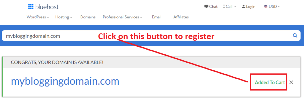 Bluehost domain registration step 1
