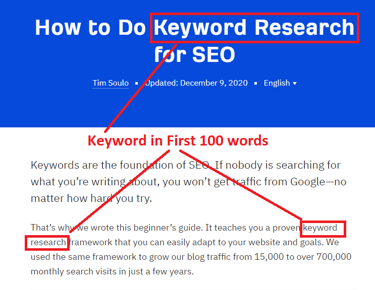 Keyword in first 100 words example